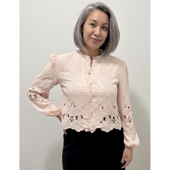 UMI Collections Anne Crimmins Vintage 80s Pink Silk Laser Cut Button Blouse 4 - Picture 1 of 5